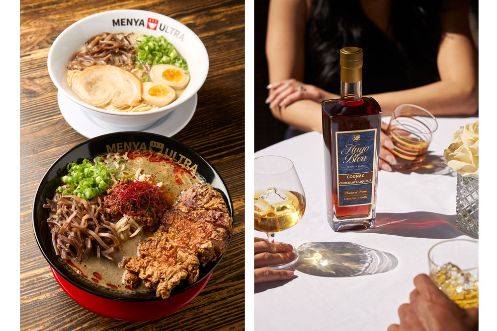 San Diego food and beverage photography: Menya Ultra ramen bowls and Hugo Bleu cognac chocolate liqueur